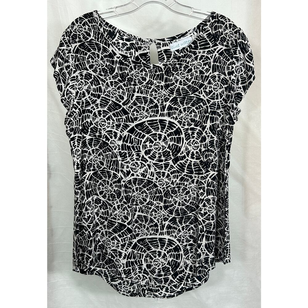 Blue Water Black White Abstract Print Rayon Top Small Handmade Indonesia